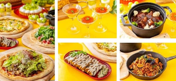 Izquierda: pizzas, de arriba a abajo — pizza de pollo con curry especiado y maíz (India), pizza de rúcula fresca y prosciutto de hierbas (Italia), pizza de samgyeopsal con queso (Corea). Derecha: platos, en el sentido de las agujas del reloj desde arriba a la izquierda — mousse de aguacate y camarones con gelatina de consomé ruby, carbonada flamenca de panceta de cerdo (braseada en cerveza), pasta boloñesa de berenjenas de otoño, terrina de sardinas, shiitake y nagaimo con vinagreta de poivre vert