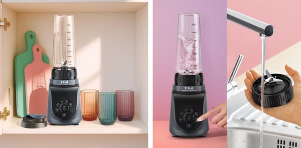 Blend Up Essential guardada en un gabinete, usando la limpieza automática y la cuchilla extraíble