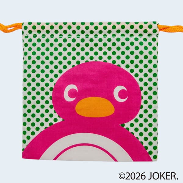 Pingu drawstring pouch with green polka dots, front