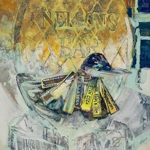 *《蓝鸭子》*，2024年。胶、麻纸、矿物颜料、银箔