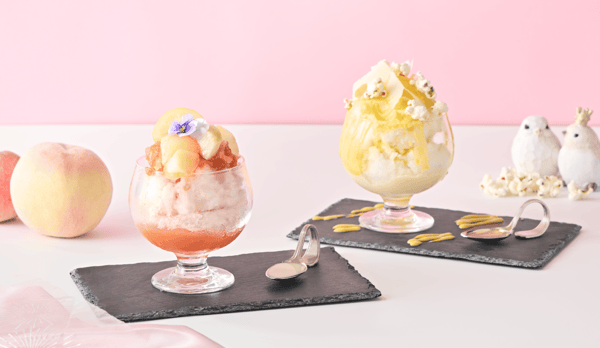 Two summer kakigori — White Peach Crystal (left) and Golden Corn (right)