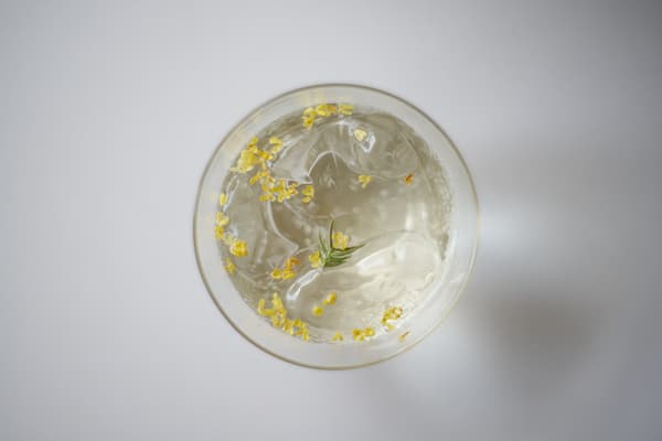 Segelas HOLON GIN SEASONAL 金木犀 0,00% dengan bunga osmanthus, dilihat dari atas