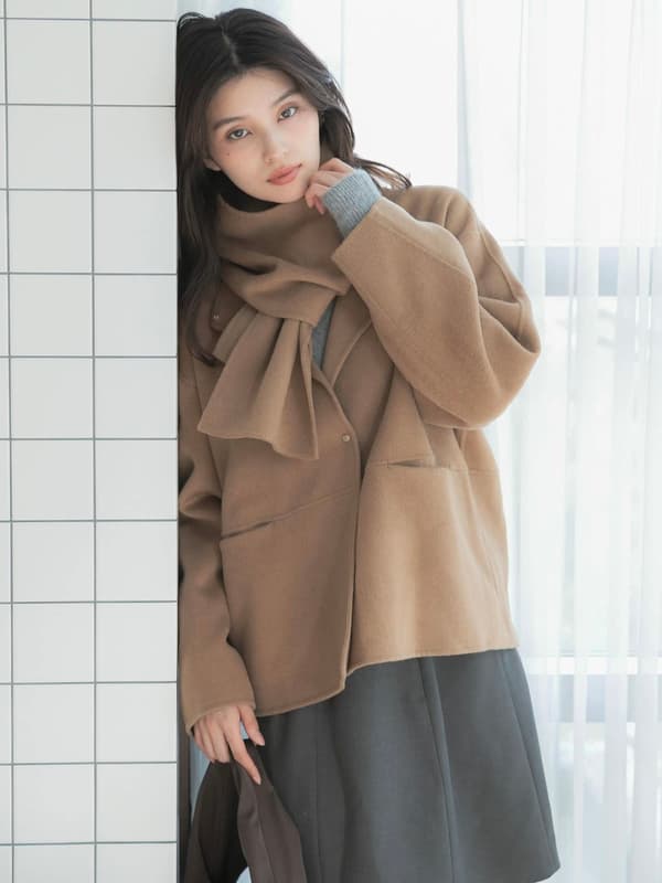 URBAN RESEARCH ROSSO 喀什米爾海狸絨無領大衣(附披肩)
