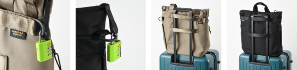 Zipper pulls with D-rings secured by padlock, and bags connected to a suitcase (left to right)