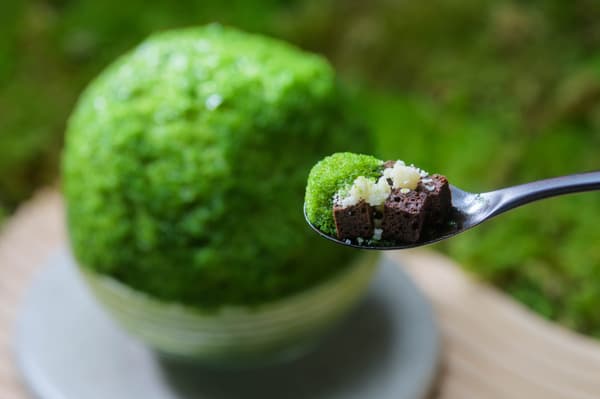 奥入濑苔玉冰，下层以布朗尼和酥粒呈现基岩