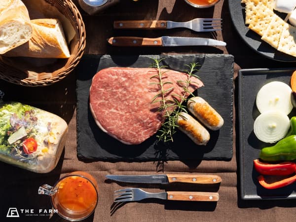 Thick beef steak and fresh vegetables on a full-scale BBQ grill