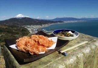 Sakura ebi kakiage served with a view of Mt. Fuji and Suruga Bay