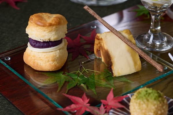 Left: Purple Sweet Potato Amazake An-Butter Sake Lees Scone. Right: Baked Sweet Potato Basque Cheesecake