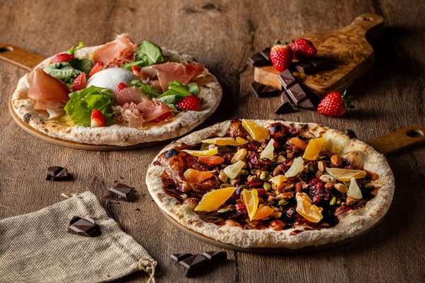 (Left) Strawberry and Burrata Cheese Pizza (Right) Bitter Chocolate and Nut Pizza