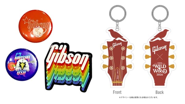 (From left) Original badge & sticker set, Gibson × Nakatsugawa WILD WOOD 2026 collaboration keychain