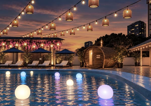 Poolside barrel sauna and string lights at the Sky Pool during BILLABONG ROOFTOP CLUB