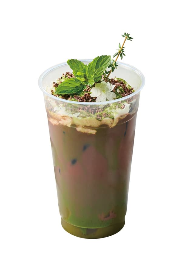 Cacao con matcha y rayos de sol en el bosque tranquilo