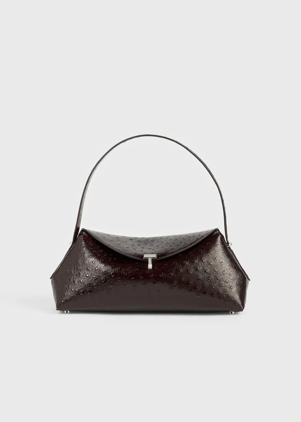 Bolso de hombro T-Lock con estampado de avestruz en color burdeos