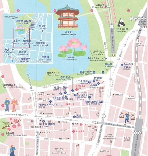 Mapa ilustrado del distrito de Shinobazu alrededor del estanque Shinobazu y Nakacho-dori