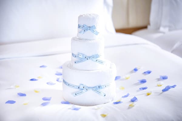 床上用彩色花瓣布置的毛巾艺术