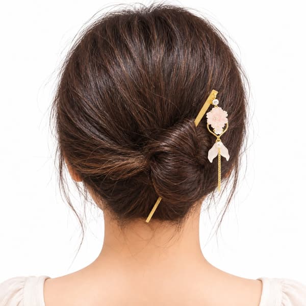Shizuku Suiren Ippon Kanzashi in Momo, worn in the hair