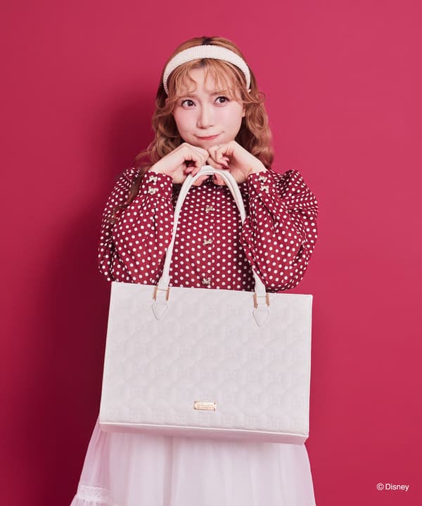 米妮蝴蝶结绗缝托特包，米白色