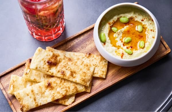 Edamame Hummus with Sesame Flatbread Chips