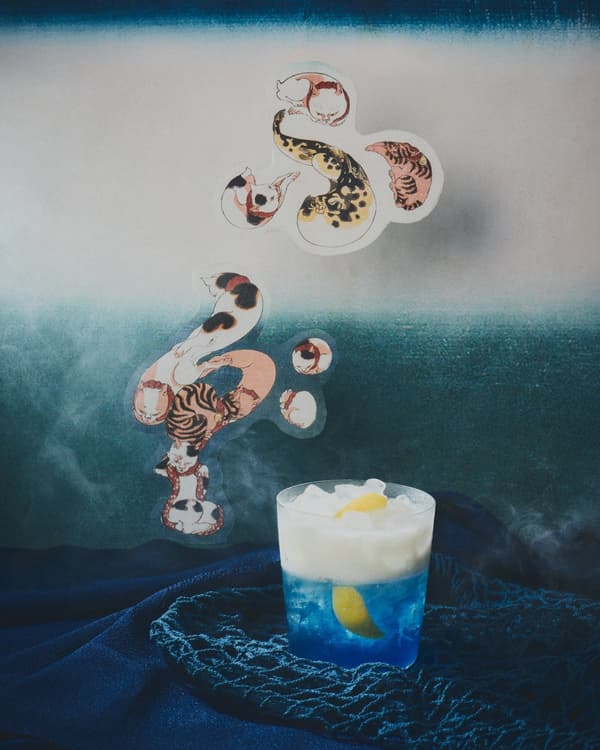 Shape Shifter, a cocktail inspired by Utagawa Kuniyoshi's moji-e Cat Calligraphy: Fugu