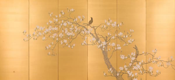 Otake Chikuha (尾竹竹坡), 九冠鳥 (biombo izquierdo), 1912, Sen-oku Hakukokan Tokio (泉屋博古館東京)