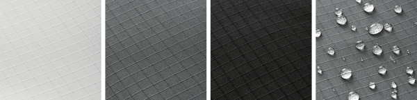 Material and color lineup showing light gray, dark gray, and black