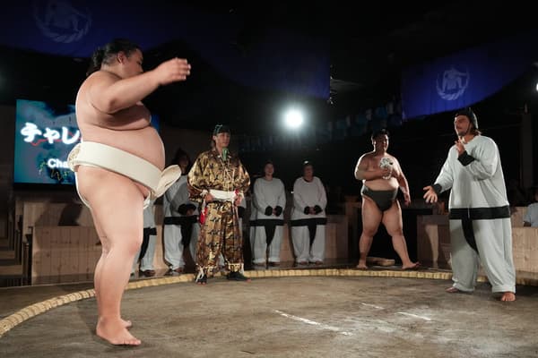 Guests take part in the Challenge Sumo segment on the real clay dohyo