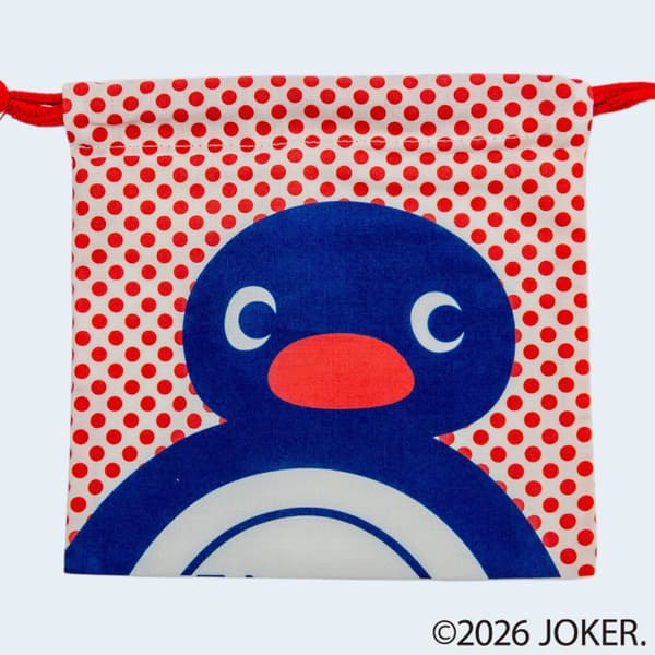 Pingu drawstring pouch with red polka dots, front