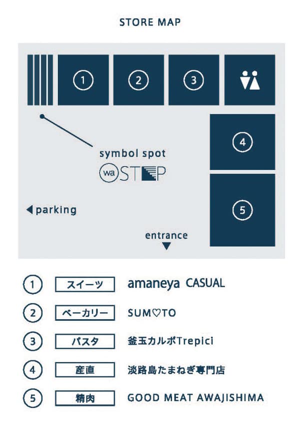 顯示 amaneya CASUAL、sumheart、Trepici、洋蔥專賣店與 GOOD MEAT AWAJISHIMA 的 waSTEP AWAJISHIMA 店鋪地圖