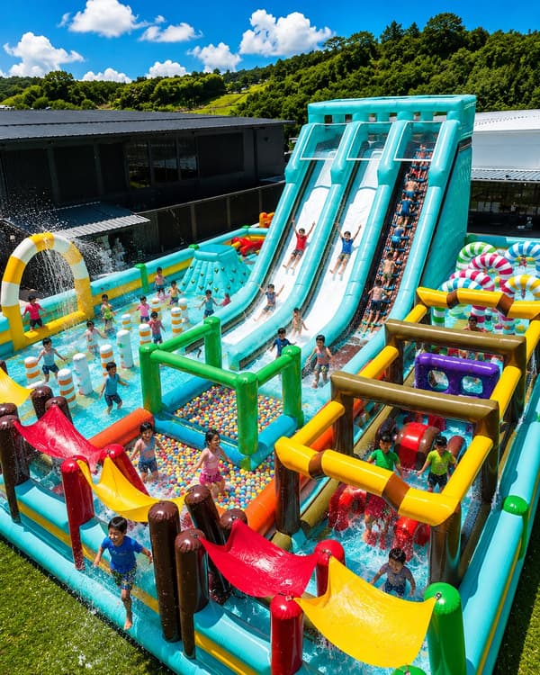 Children playing on the giant inflatable slides at THE MEGA JUMP MOUNTAIN JAPAN