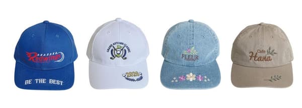 Empat topi orisinal yang dibordir pada bagian pinggiran, ditampilkan dalam warna biru, putih, denim, dan cokelat