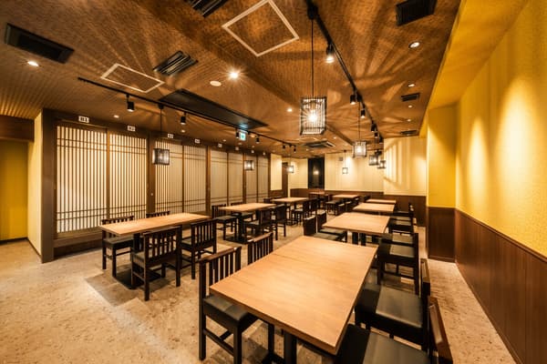 The spacious interior with table seating