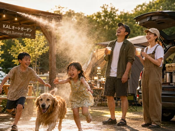 一家人開心享受入住時的歡迎噴霧