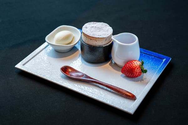 Strawberry Soufflé with Olive Oil Ice Cream