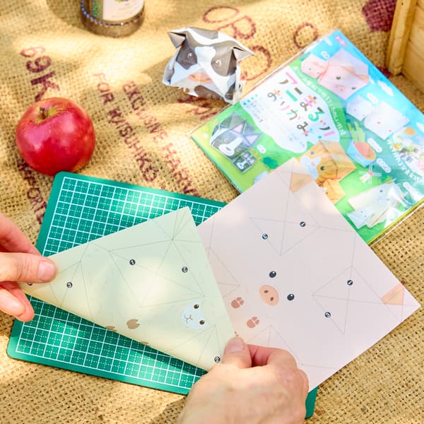 Set de origami de animales de granja con hoja de fondo de pastizal