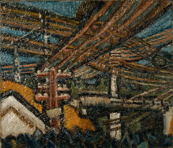 Painting 電線風景 (around 1950) by Kan'emon Asai