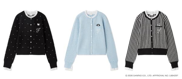 Frill Combination Cardigan dalam desain Hello Kitty, My Melody, dan My Sweet Piano