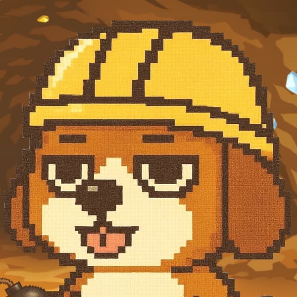 Seekor Beagle seni piksel mengenakan topi keras kuning