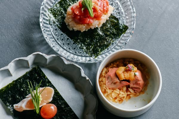 Three small bites: sasami konbujime, negitoro, and uni-reba