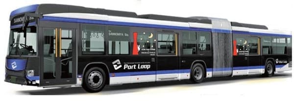 Port Loop articulated bus wrapped with the event key visual running between Sannomiya and Kobe Waterfront