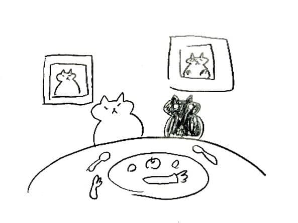 Ilustración de dos gatos en una mesa con un tazón de guiso