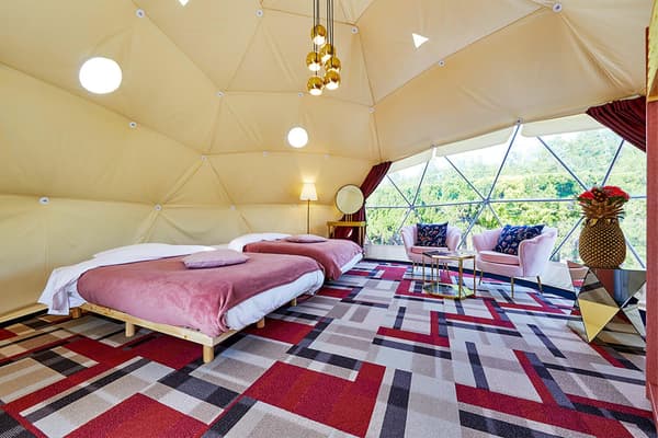 A dome tent interior at GLAMP DOME Ise-Kashikojima