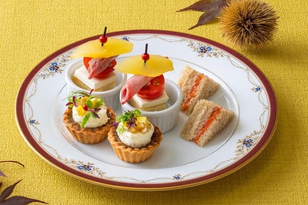 Roast Beef and Apple Pinchos, Tuna and Smoked Salmon Sandwich, and Chestnut and Boursin Garlic Tart