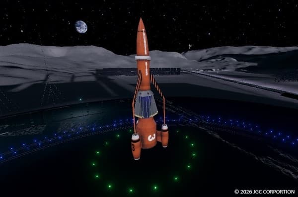 A giant 3D model of Thunderbird 3 in the Lumarnity VR world