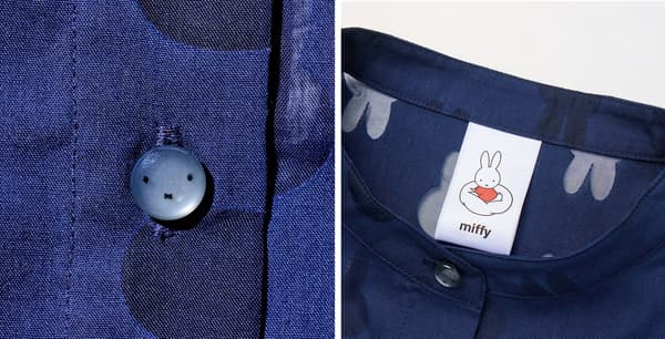 Blouse detail: clear button with Miffy face and picture-book scene tag