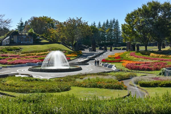 Irodori no Hiroba in the South Area with a fountain and colorful flower beds