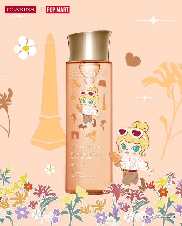 Visual acara kolaborasi Clarins x POP MART