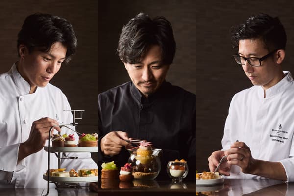Subchef de pastelería Nambu (izquierda), supervisor del menú de dulces pastelero Yusuke Aoki (centro) y subchef ejecutivo Takashi Harada (derecha)