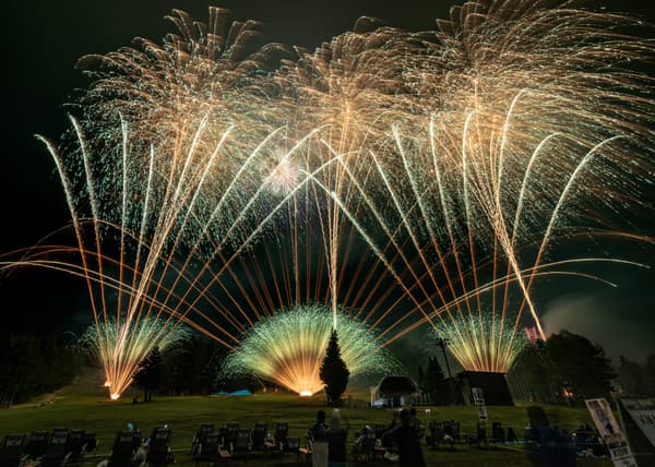 Fireworks launched in front of the seating area at the venue