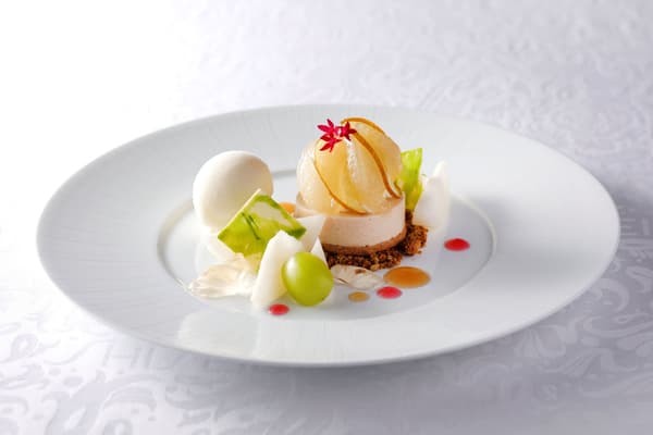 Hojicha Cheese Terrine with Fresh Kaga Shizuku Pear and Sherbet