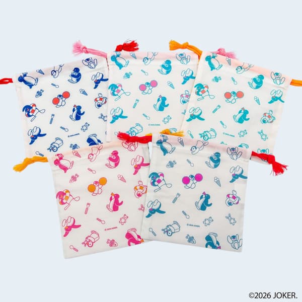 Back of the Pingu drawstring pouches in five designs